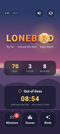 Lost Birds's home screen, showing lives, feathers and the play button